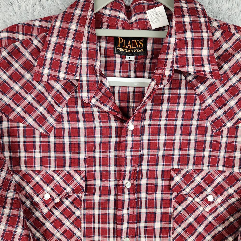 Plains Western Wear Shirt Mens Large Red Plaid Pearl Snap Cowboy Rodeo Pockets